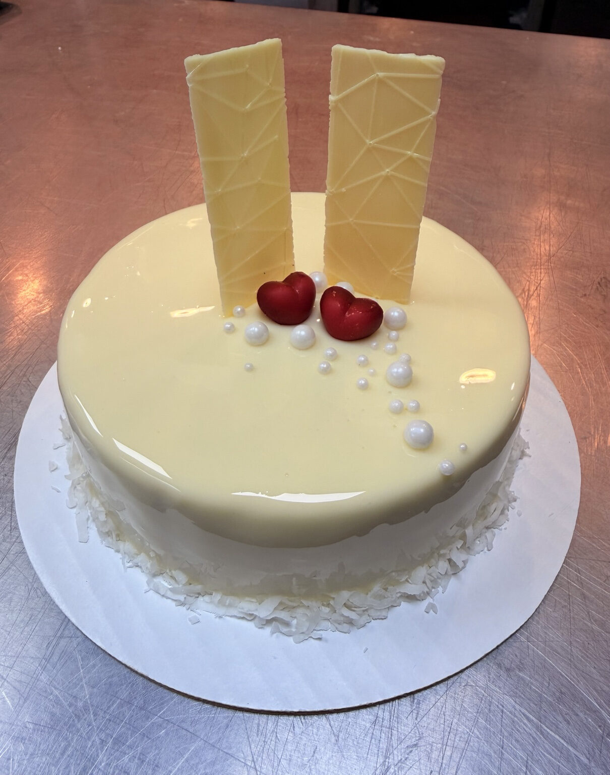White Chocolate Entremet with Hearts and Pearls